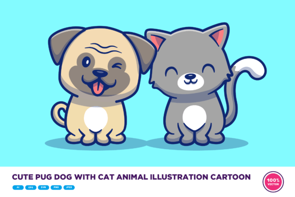 Download Cute Pug Dog and Cat Animal Illustration - Illustration Collection